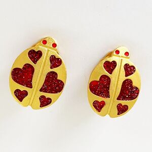 Vintage Love Bug Ladybug red Hearts Gold Tone Earrings ClipS